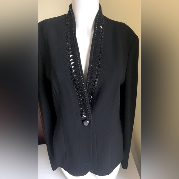 Jones New York long black tuxedo style blazer jacket shiny beaded V neck collar - Picture 4 of 15